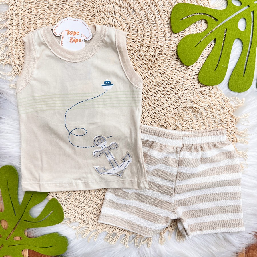 Conj. Regata Ancora e Bermuda Listrada em Linho - Areia